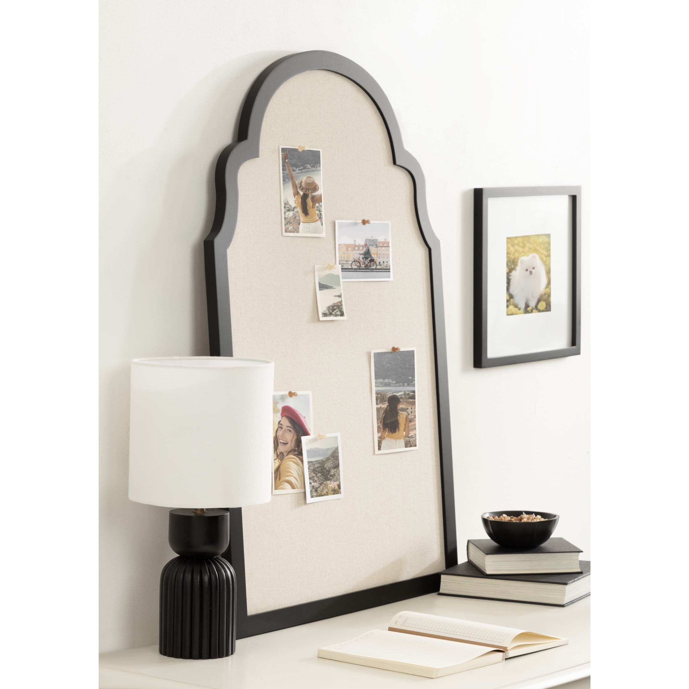Kate and Laurel Holbrook Glam Framed Moroccan Arch Fabric Pinboard, 24 x 36, Black, Decorative Modern Scallop Arched Bulletin Board for Use as Vision Board or Wall Organization
