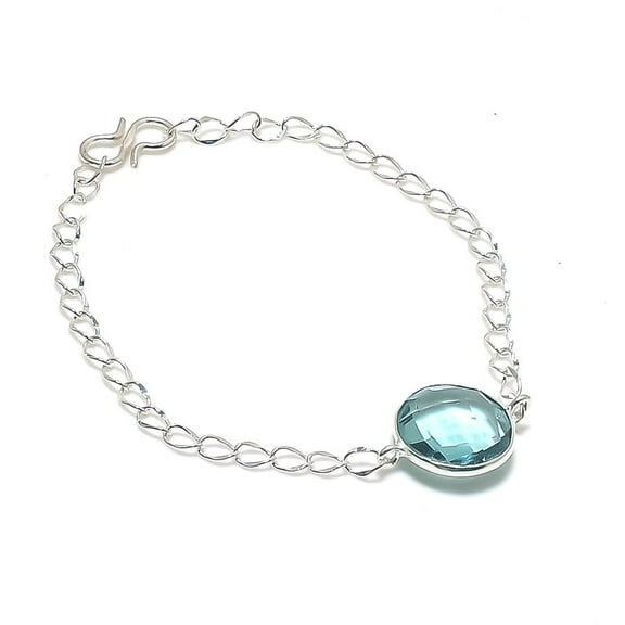 Swiss Blue Topaz Gemstone Handmade 925 Sterling Silver Bracelet 7-8"