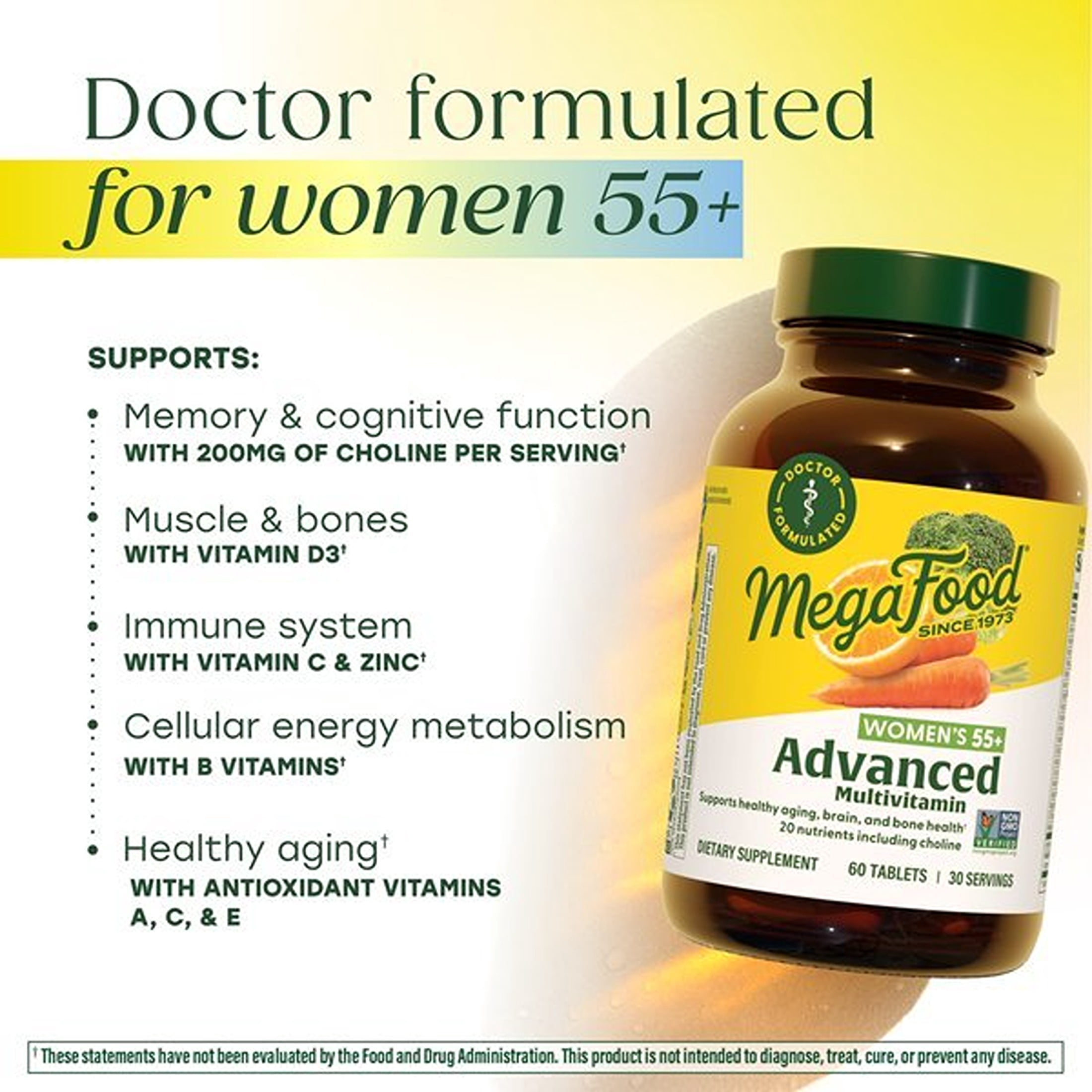 MegaFood Women's 55+ Advanced Multivitamin - Choline, Vitamins D3 & B12 - 60 Servings