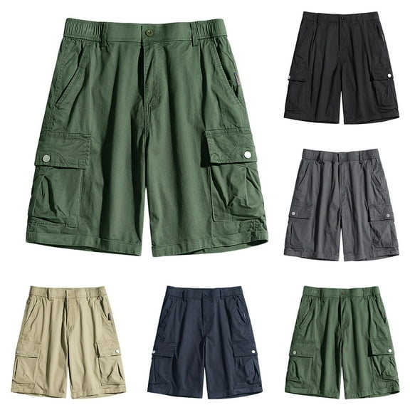 ZRGHAOYLQ Mens Elastic Waist Cargo Shorts Cotton Ripstop Hiking Shorts Lightweight Outdoor Work Shorts Basic Solid Casual Summer Straight Leg Shorts with Multi Pockets