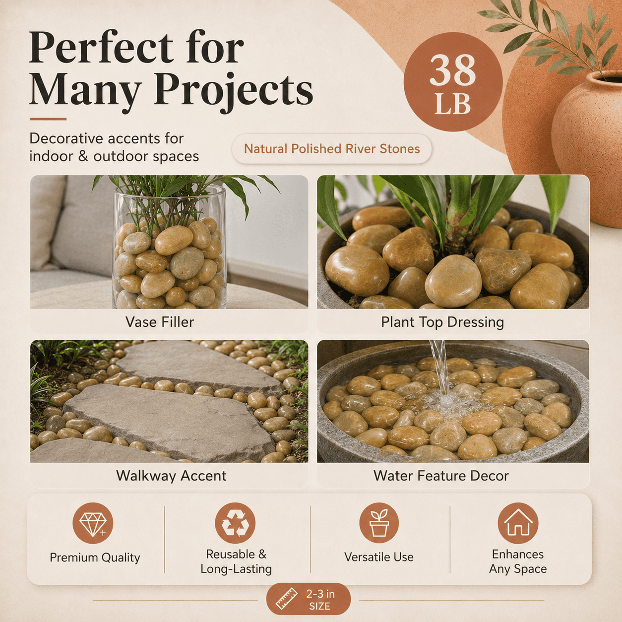 38lbs Khaki River Rocks, 2-3 inch Polished Pebbles Decorative White Stones for Indoor Outdoor Use, Perfect for Plants, Vase Fillers, Aquariums, Fish Tanks, and Garden Landscaping