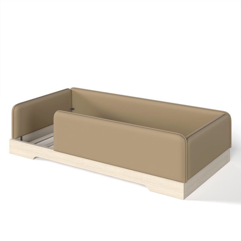 Twin Size Faux Leather Upholstered Floor Bed, Kids Montessori Bed Frame with Removable Guardrail, Low Profile Platform Bed