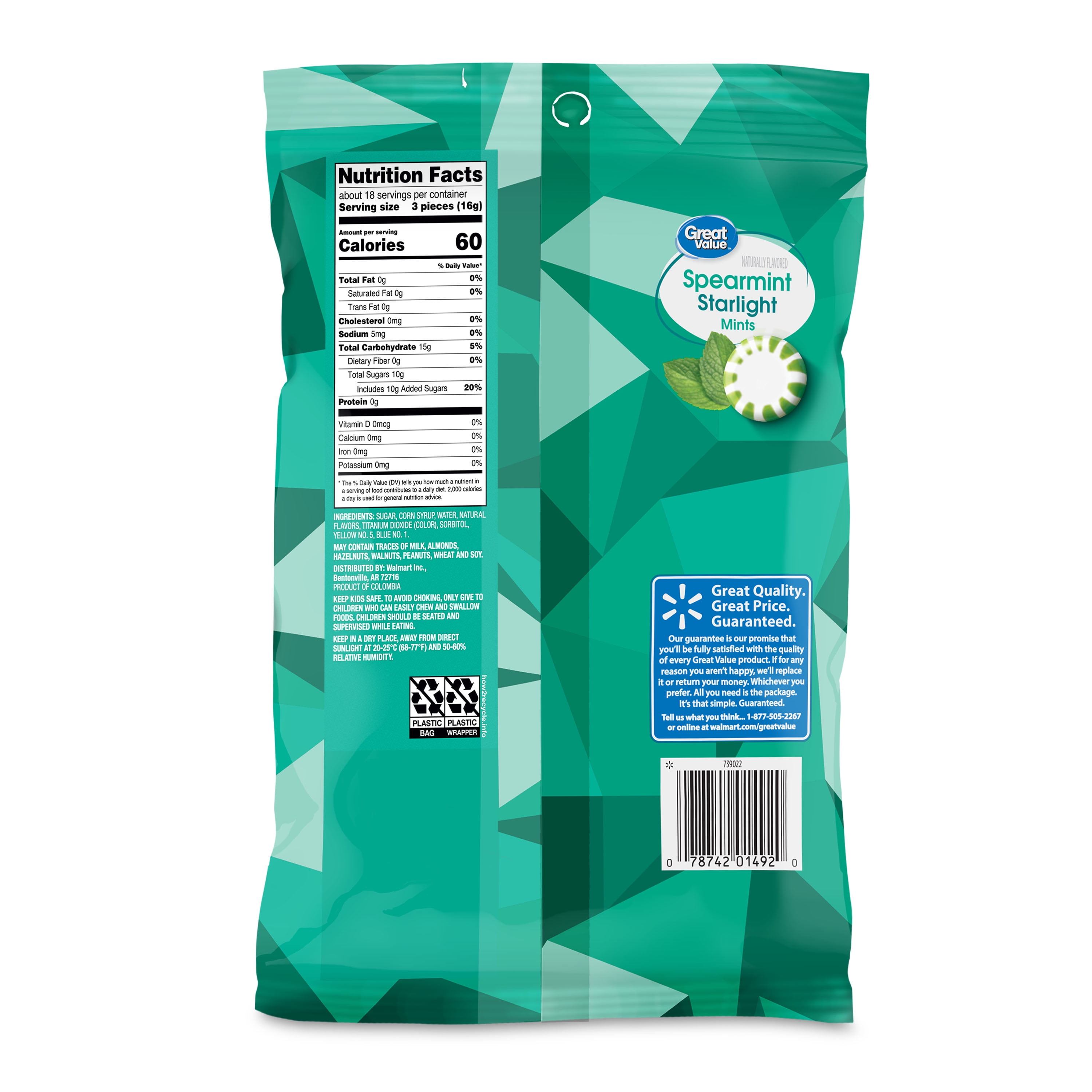 Great Value Spearmint Starlight Mints Hard Candy, Allergen-Free, 10 oz Bag