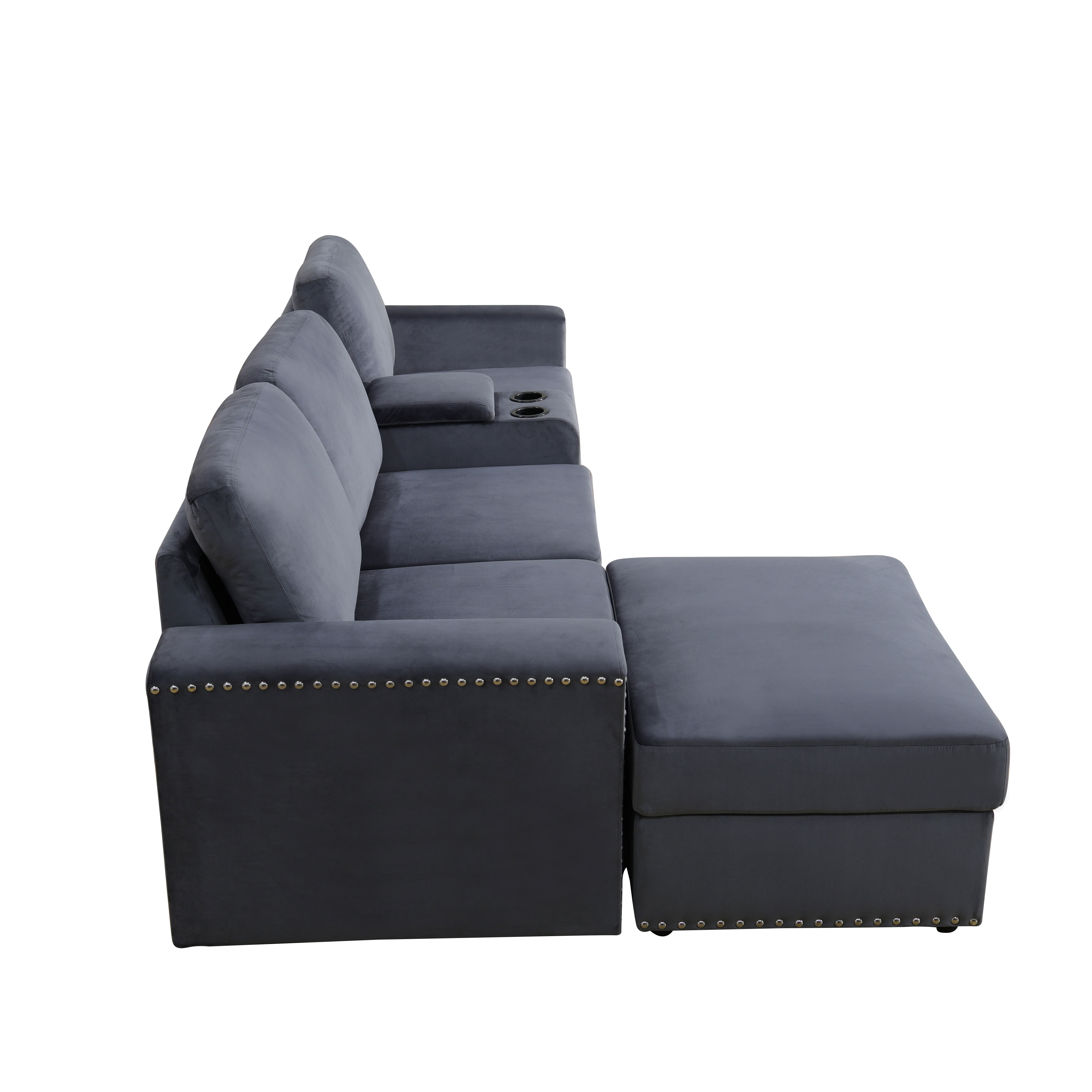 MAYEERTY 3-Seater Sofa, Upholstered Couch with Console, Cup Holders & Anti-Insect Solid Wood Frame, for Living Room Family Room Apartment, Dark Grey