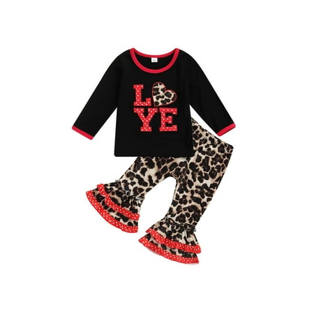 

Suanret Kids Baby Girls Valentine’s Day Outfits Long Sleeve Love Letter Print T-Shirt + Leopard Flare Pants Black 2-3 Years