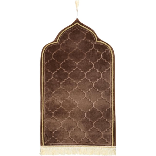Muslim Prayer Rug Gold Rimmed Soft Thick Flannel Prayer Carpet Mat 25.5x45 Inch One of Three Random Patterns, Coffee