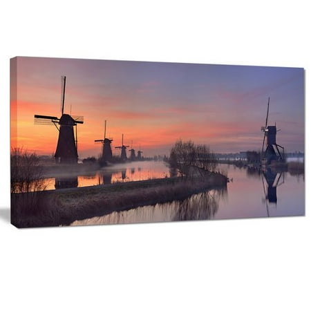 Orange Windmill - Design Art 'Windmills at Sunrise Panorama' Photographic Print on Wrapped Canvas