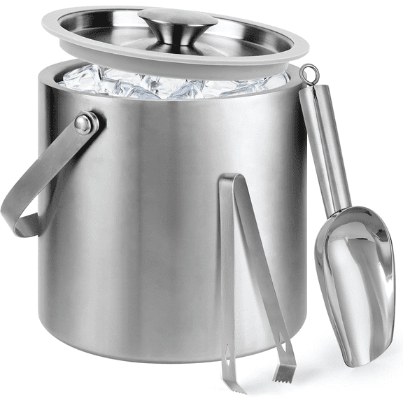 Katinyos Ice Granule Bucket 2L Double Wall Ice Bucket with Lid,Scoop,Tongs- Inner Layer 304 Stainless Steel Ice for Cocktail Bar,Parties,Chilling Beer Win