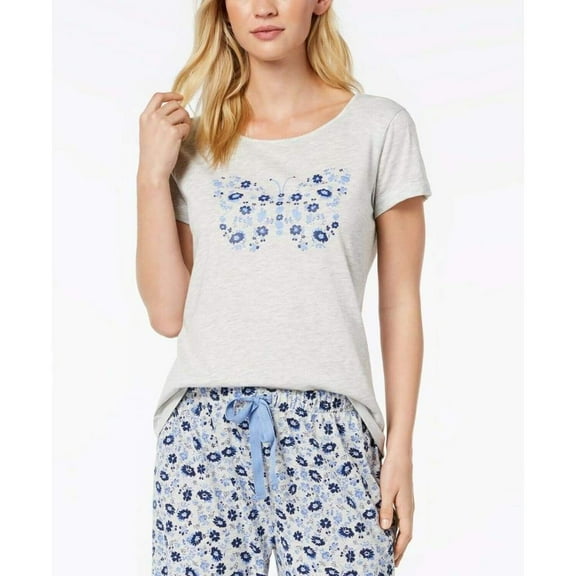 Charter Club Women's Short Sleeve Knit Pajama Top Gray Floral Butterfly XS
