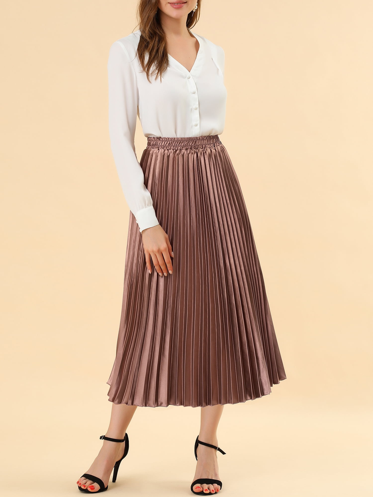 DARING DIVA Women's A-line High Waist Pleated Midi Skirt L Copper