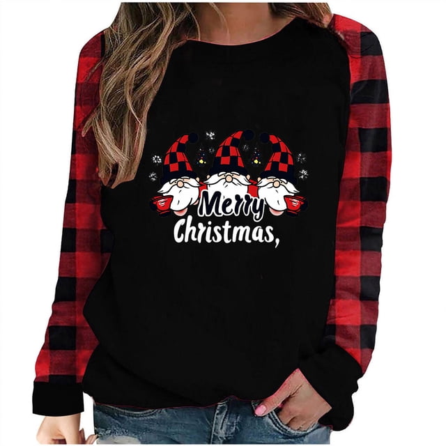 Liquidation Staron Hauts de Noël Femmes Blouses à Col Rond Gnome Joyeux Noël T-Shirt Décontracté Ample T-Shirts Graphiques Hauts Baseball Rayé Raglan Manches Longues T-Shirt Rouge TG