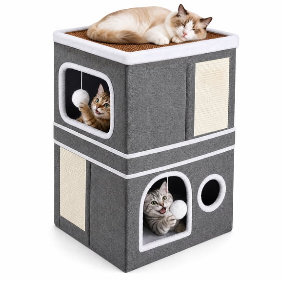 YUWENUS Double Cat Bed for Indoor Pets, 2-Story Foldable Cat House with Scratching Pad, Cooling Mat and Cushion