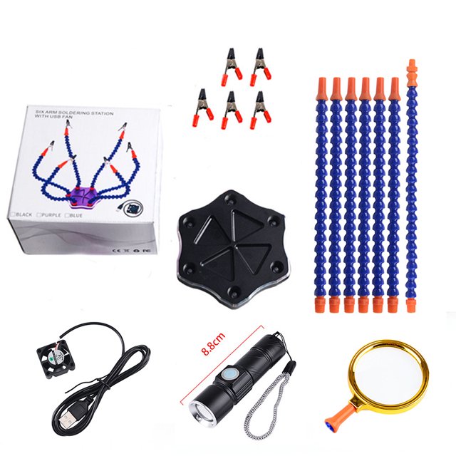 Mesa de soldadura de aleación de aluminio de seis garras y siete garras/mesa de soldadura de placa PCB/FPV/XT60 Linterna con ventilador UBS