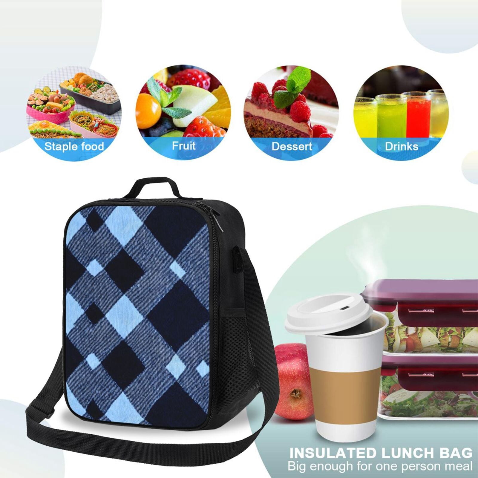 Thermal Insulation One Shoulder Portable Bento Bag Can Be Reused 8×10.5in For Carrying Drinks Bento Box Fruit Snacks Argyle Plaid Blue_3