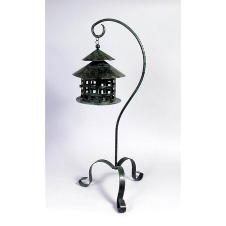 Metal Lantern Candle Holder w Stand in Dark Green Finish