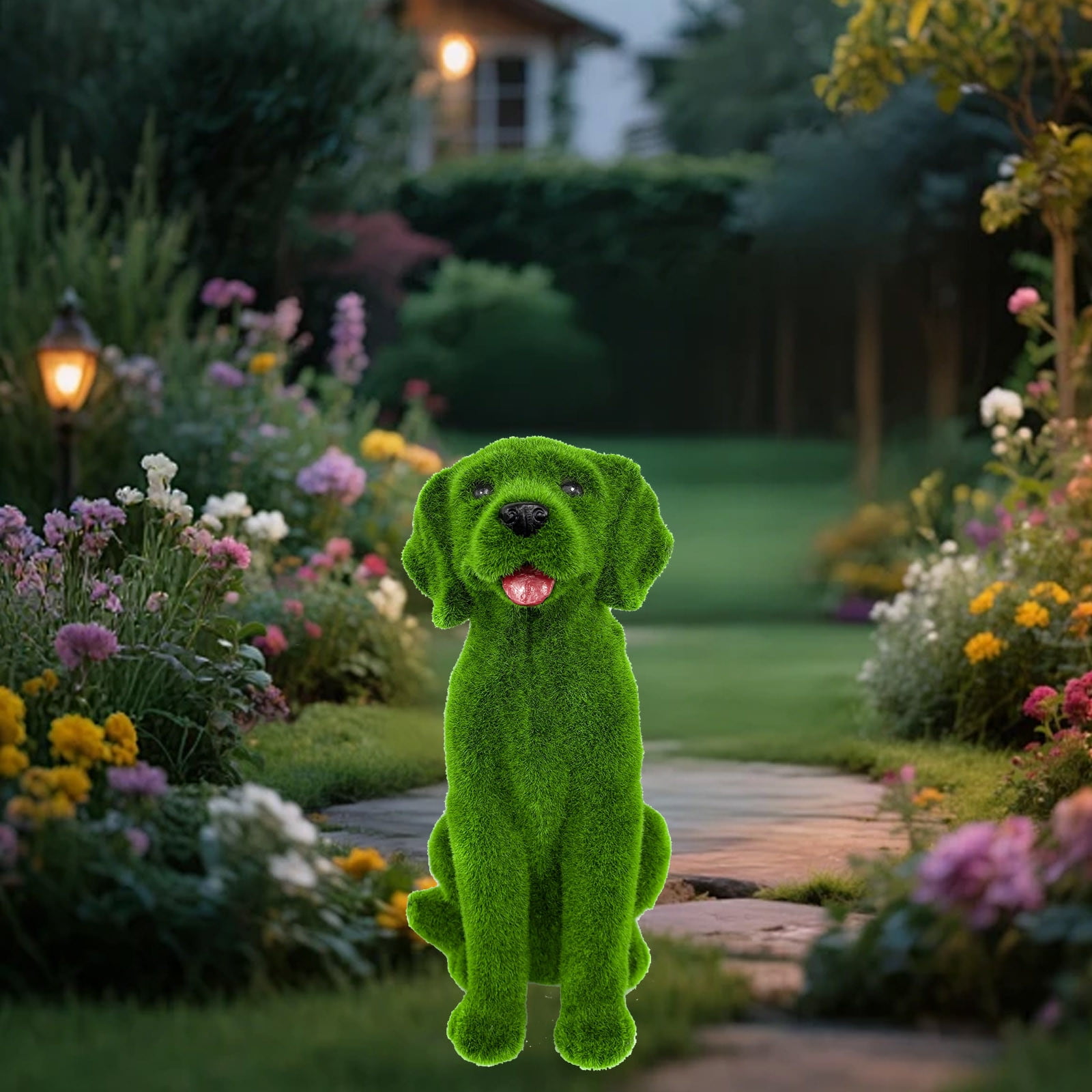 Garden Animal Sculpture Resin Statue Ornament for Yard Entrance Home Outdoor Decor, Green, Flocked Dog