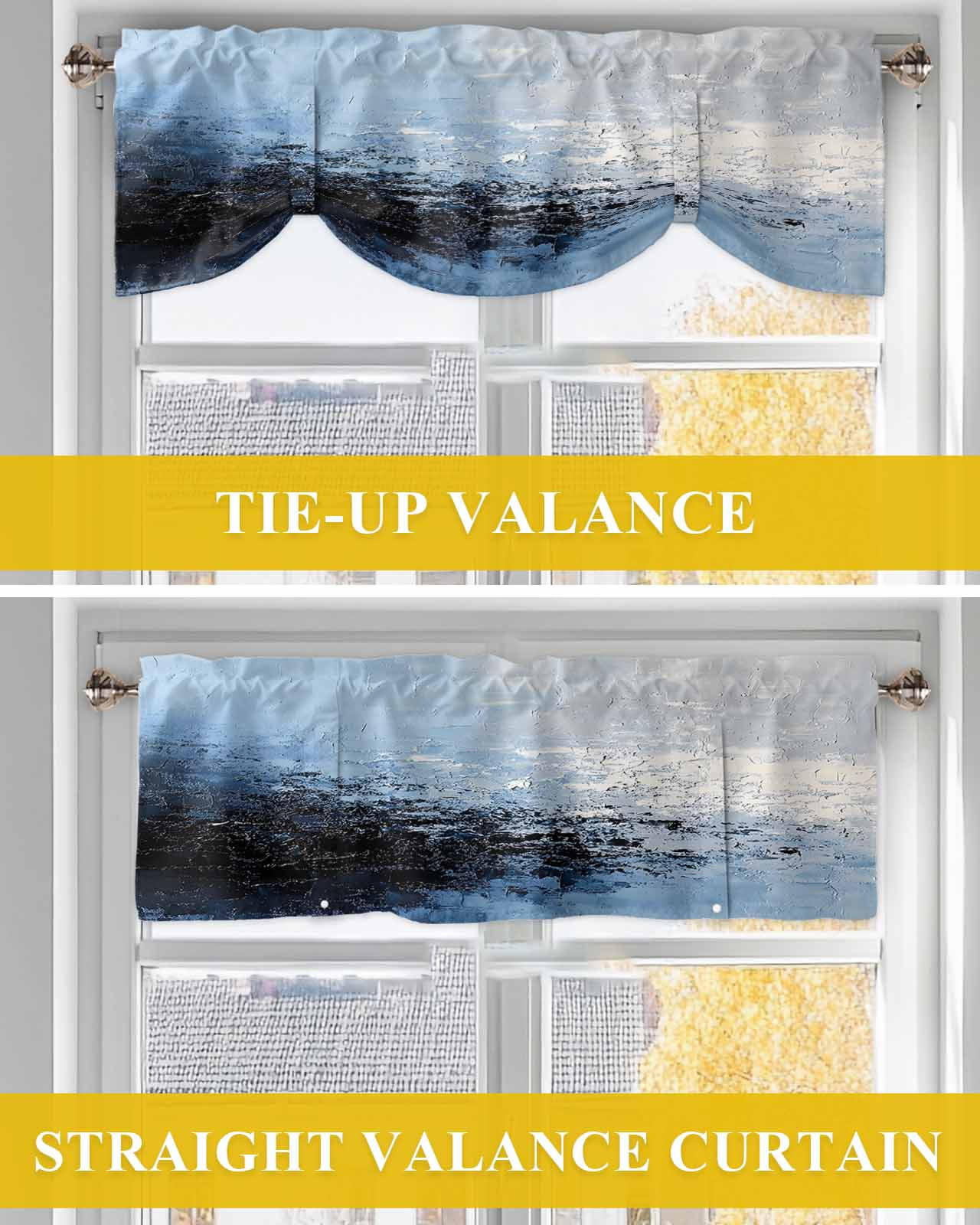 Abstract White Ombre Blue Tie Up Valances Curtain, Oil Painting Ombre Modern Kitchen Valances for Windows Decor, Rod Pocket Short Curtains Set for Bedroom/Bathroom, 60"x18"