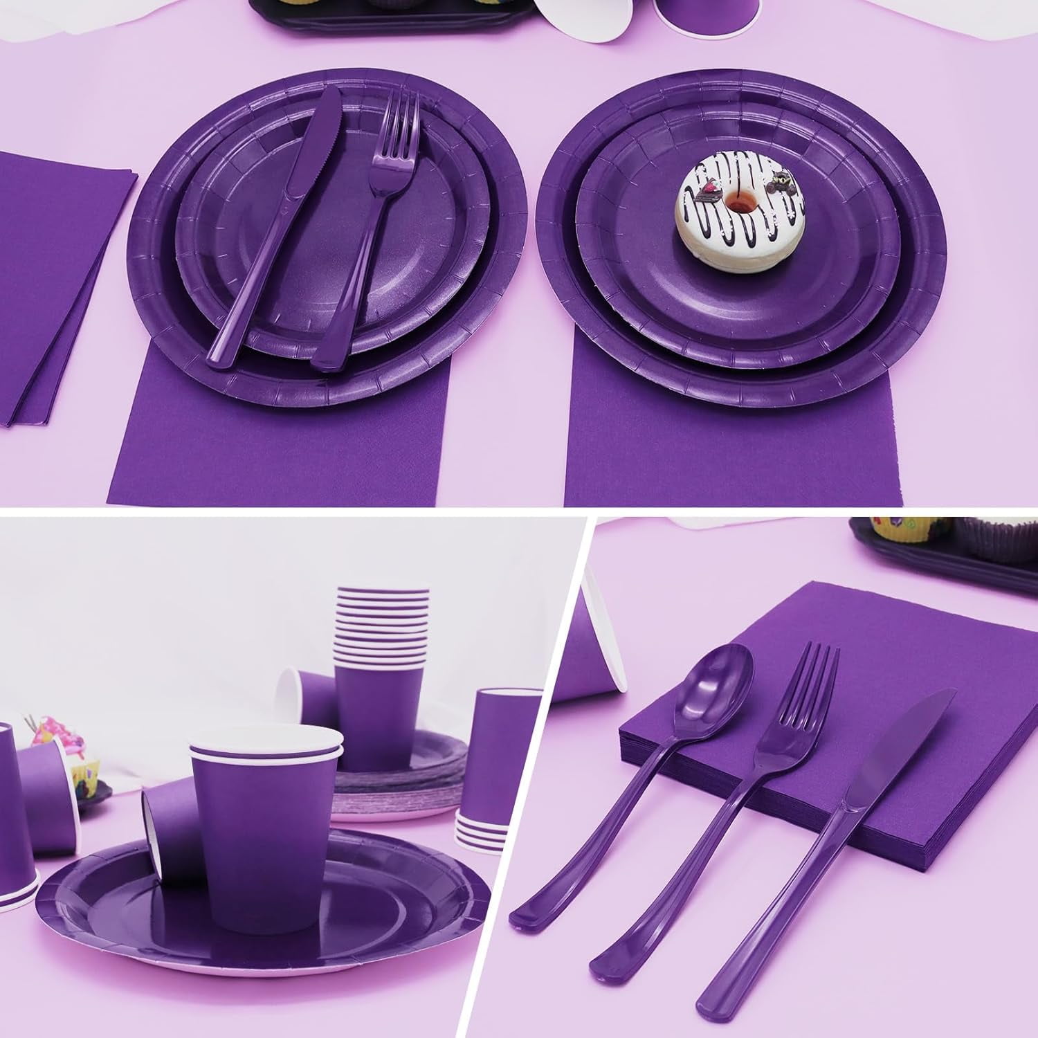 Purple Paper Plates Party Supplies, 168pcs Purple Plates and Cups and Napkins Set for Mardi Gras, Birthday, Halloween, Graduation Parties