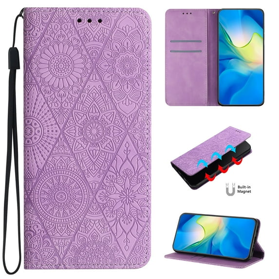 for iPhone 13 Pro Max Wallet Case, Vintage PU Leather Protective Case Embossed Sunflower Folio Magnetic Card Slots Holder Kickstand Wrist Strap Flip Case for iPhone 13 Pro Max, Purple