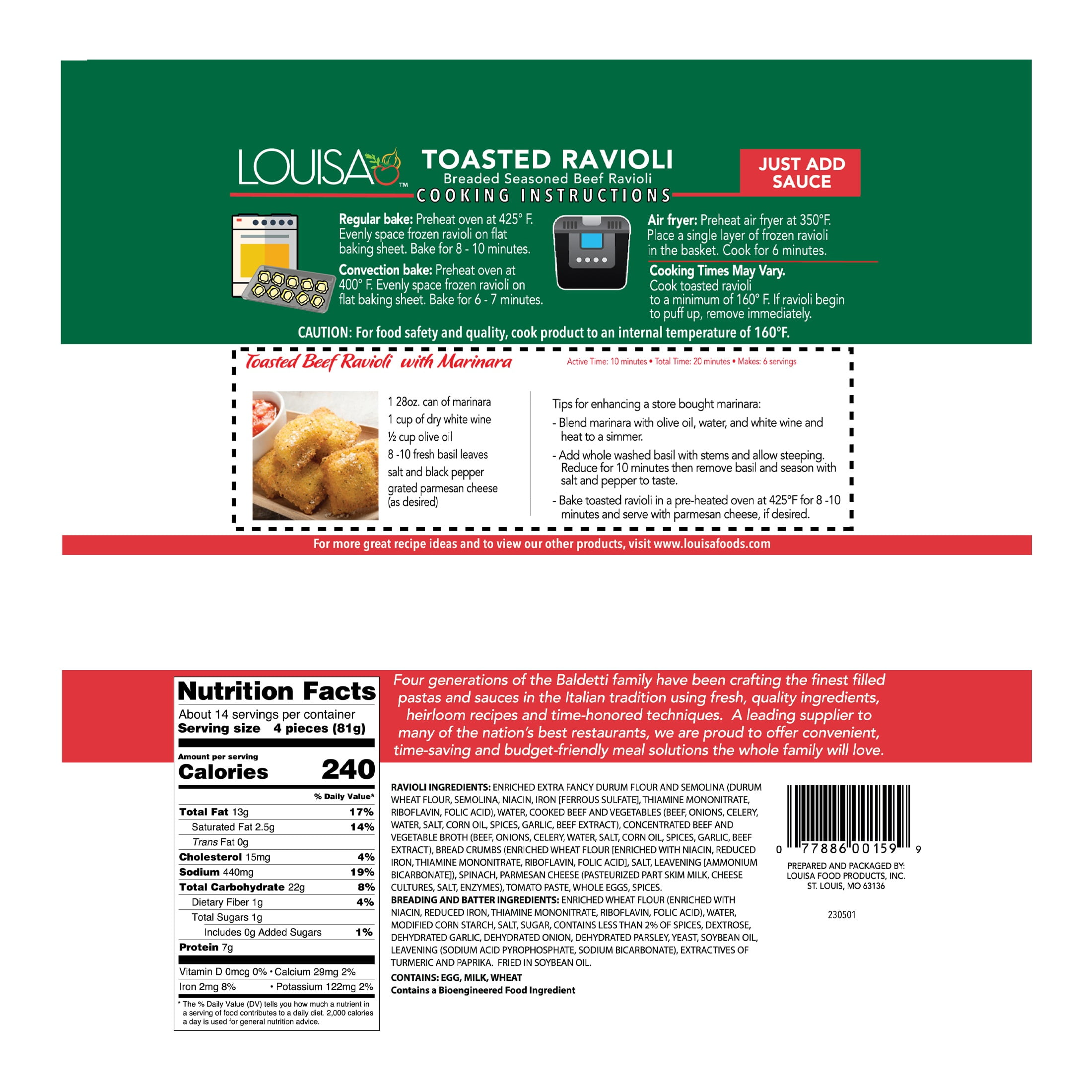 Louisa Original Beef Toasted Ravioli, 40 oz Family Size Bag – Frozen St. Louis-Style Appetizer with Italian Breadcrumbs, Oven or Air Fryer Ready