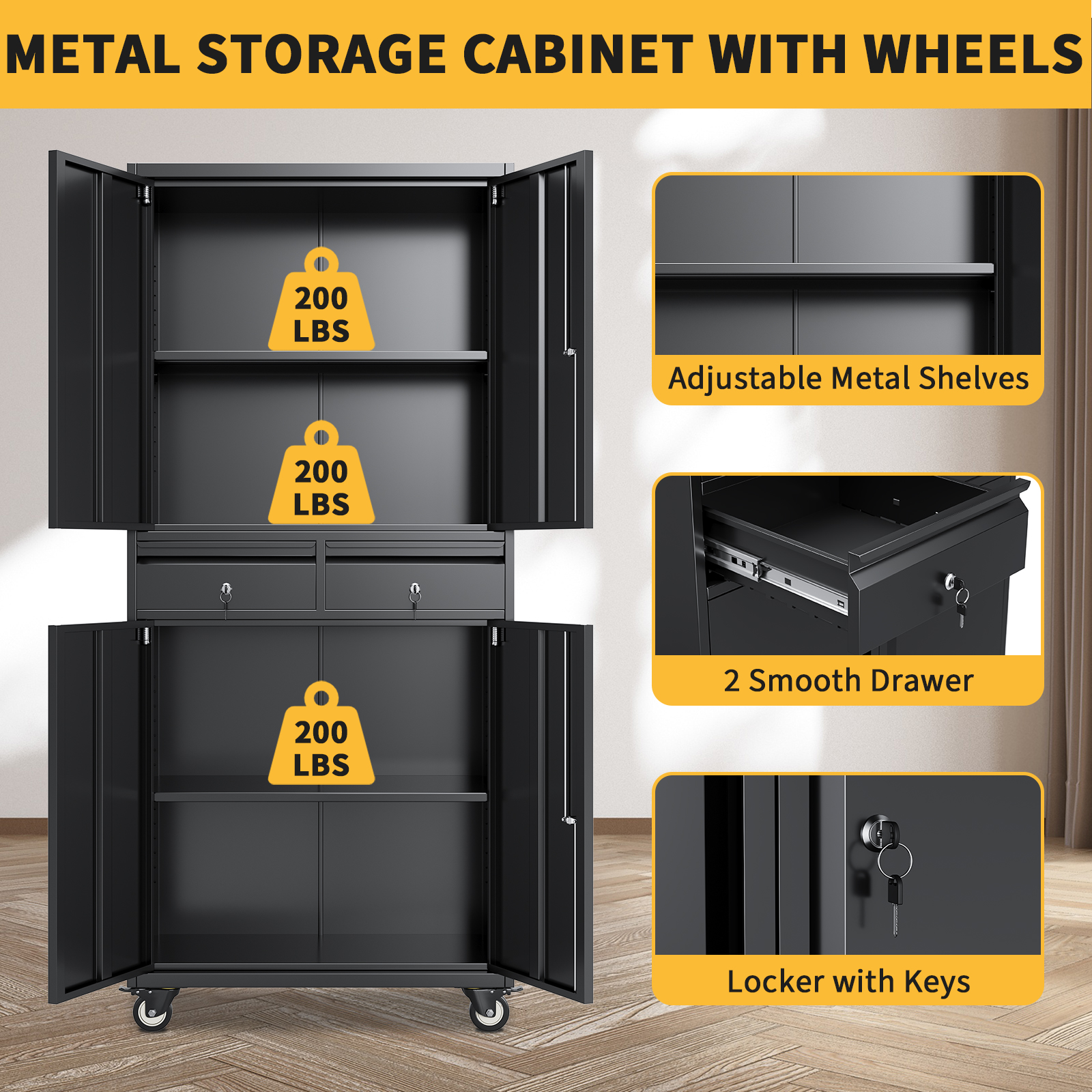 Heavy Duty 73'' Metal File Cabinet for Office & Workshop, 2 Drawers, Locking Doors, Adjustable Shelves, Mobile Wheels, Secure Steel Storage Cabinet