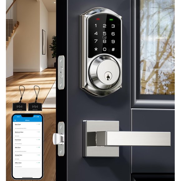 Veise Cerraduras inteligentes con juego de 2 manijas de palanca, control de aplicación, cerrojo de entrada sin llave para puerta delantera, teclado electrónico digital con pantalla táctil, bloqueo aut