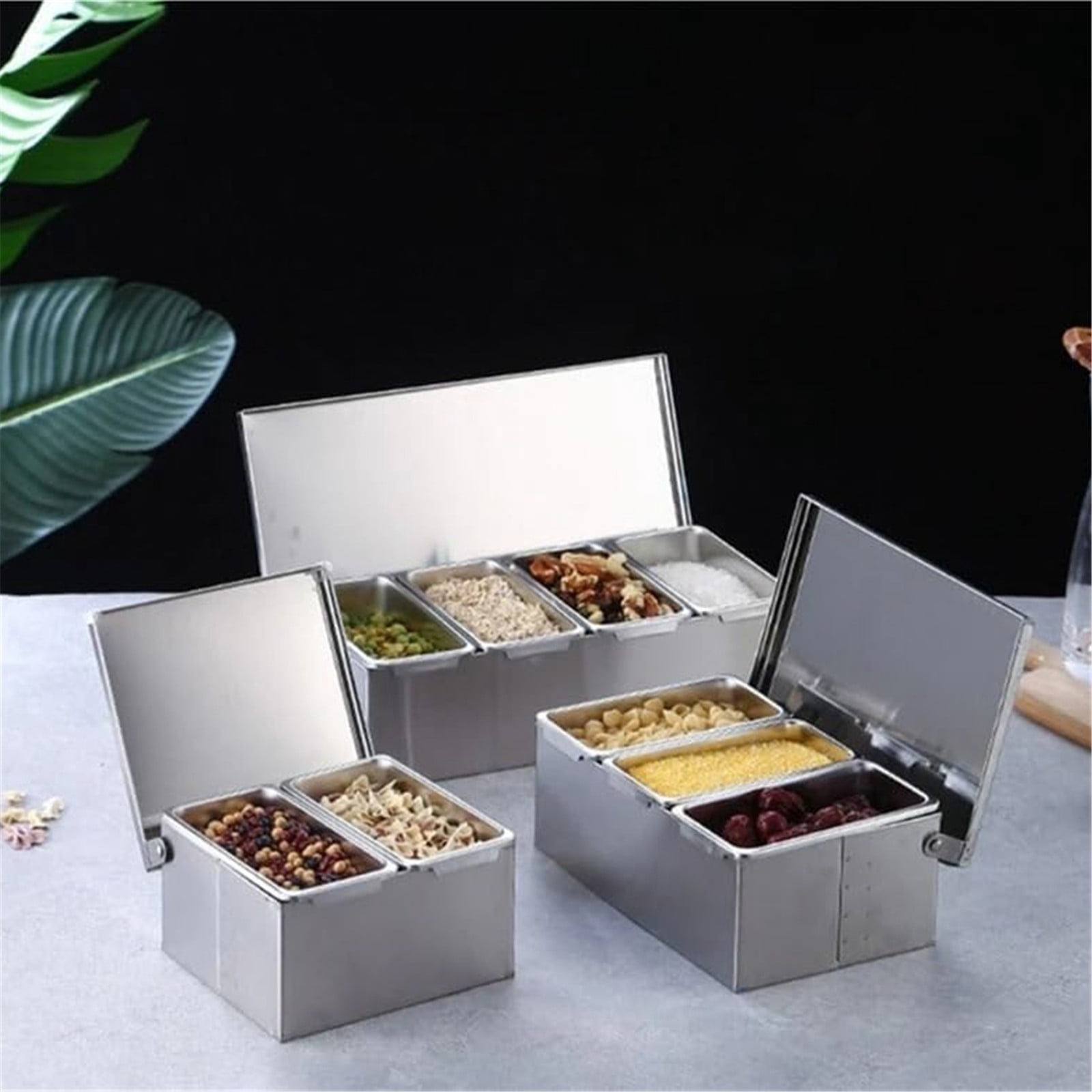 Clearance! 3/4/5/6 Compartment Trays Stainless Steel Detachable Topping Station Plastic Pizza Ingredients Condiment Dispenser Reusable Condiment Seasoning Container for Home or Restaurant