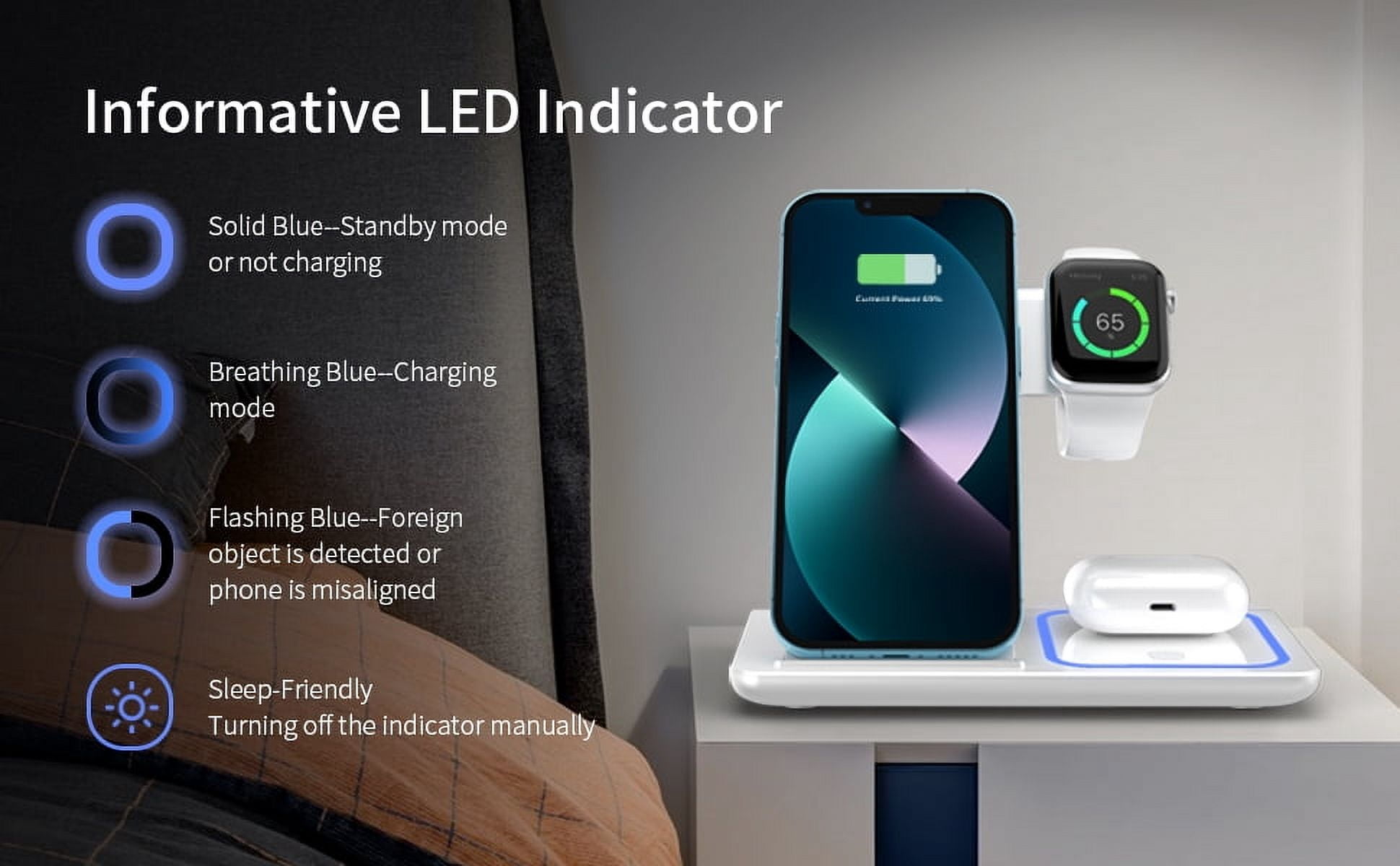 Wireless Charger,iPhone Charging Station for iPhone 16/15/14/13/12/11/Pro Max/Plus, 3 in 1 Wireless Charging Stand for iWatch SE 10/9/8/7/6/5/4/3, Airpods Pro/3/2 Blue