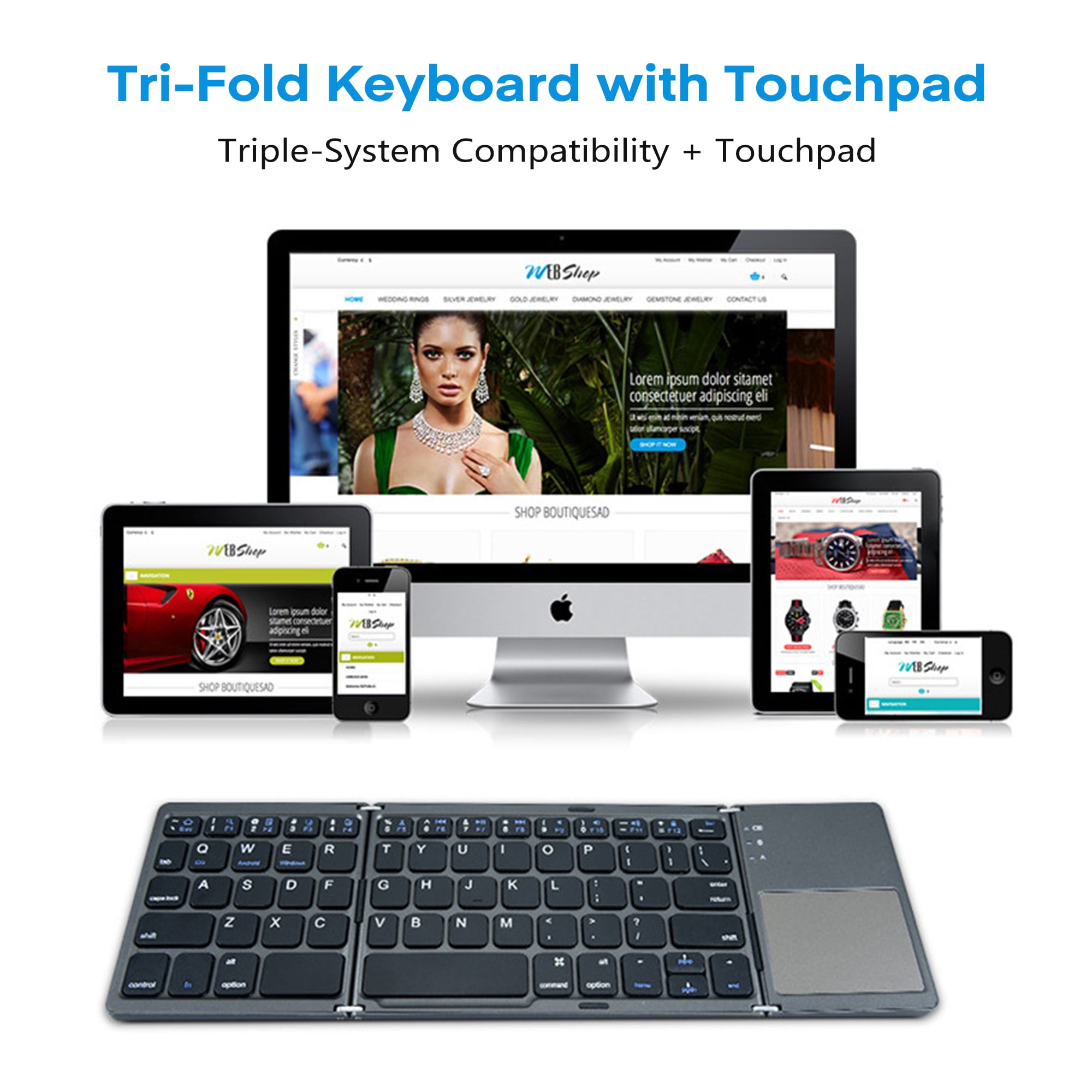 Kitgody Triple-Fold Bluetooth Keyboard with Touchpad, Portable & Silent Mini Keyboard for Windows, iOS Android, USB-C Rechargeable, Compact for Travel Laptop Tablet(Gray)