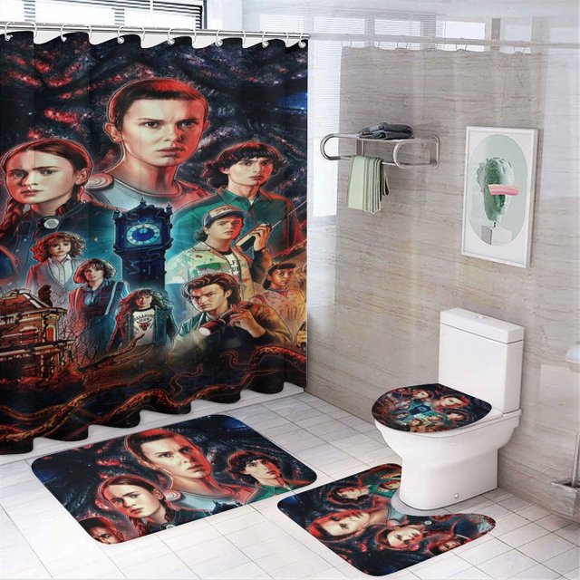 Juego de 4 cortinas de ducha de Stranger Things con alfombrillas antideslizantes, tapa de inodoro y alfombrilla de baño, cortina de ducha impermeable con decoración de dibujos animados para baño con