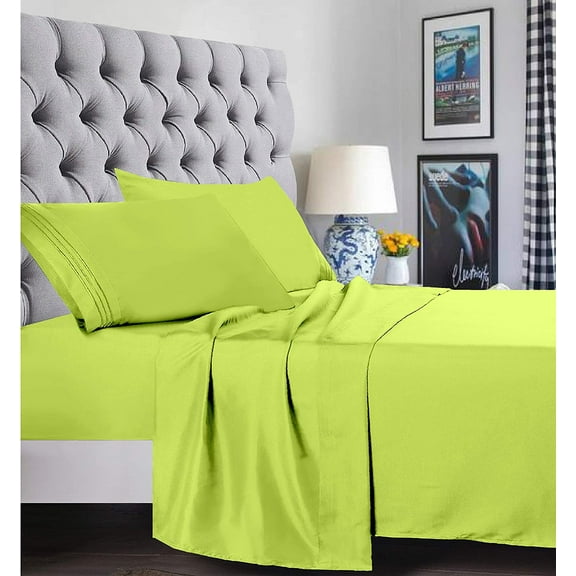 6 Piece Bed Sheets ,Flat Sheet,Fitted and Pillowcase 1800 Series Bed Sheet set-King Lime