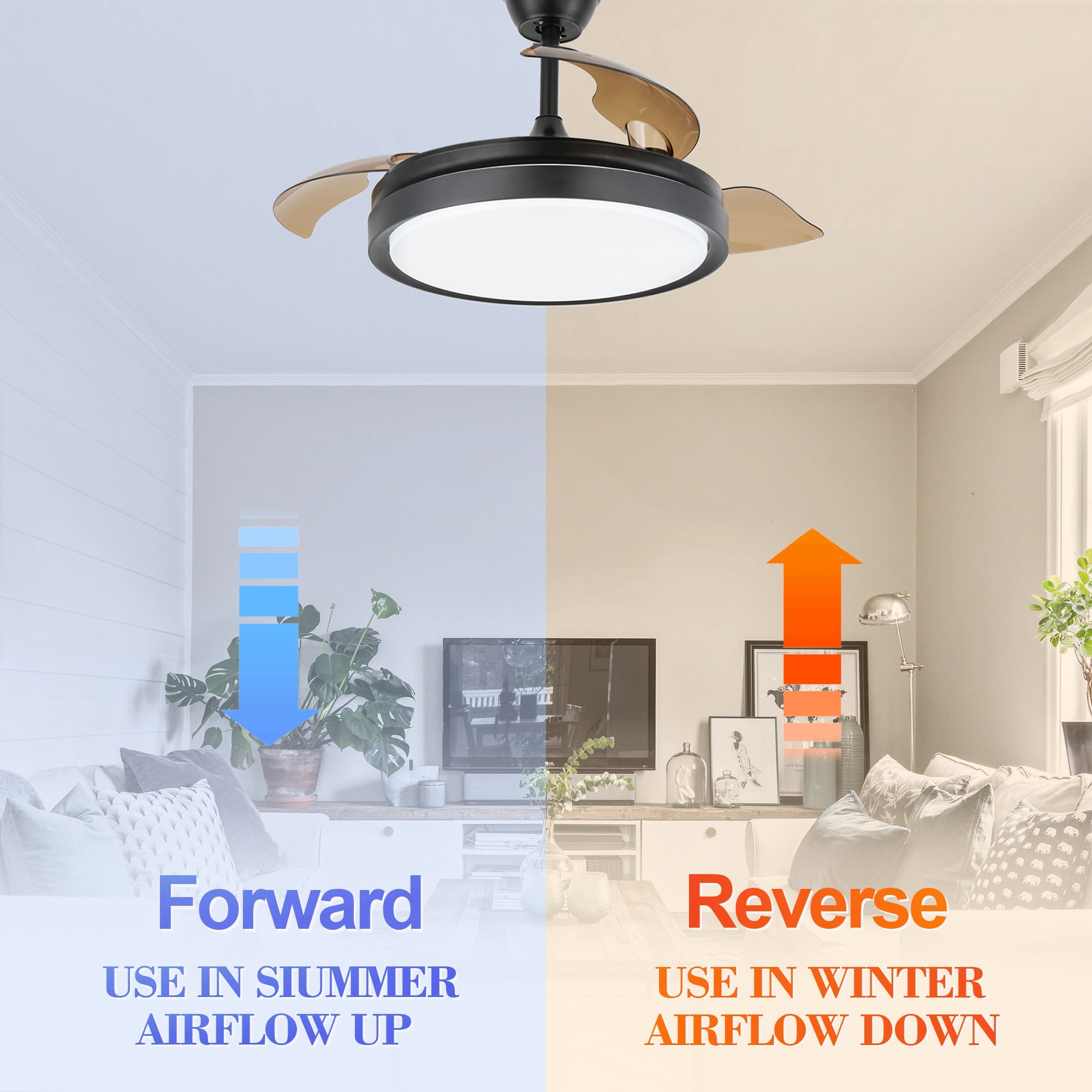 42" Retractable Ceiling Fan Reversible With Remote Control and Light Kit