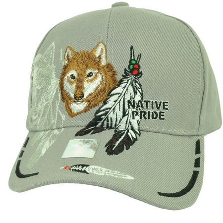 - Native Indian American Pride Lone Wolf Gray Feather Animal Hat Cap Curved Bill