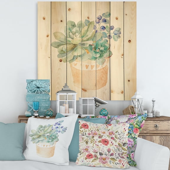 Designart 'Succulent Flower In Terracotta Clypot II' Traditional Print on Natural Pine Wood
