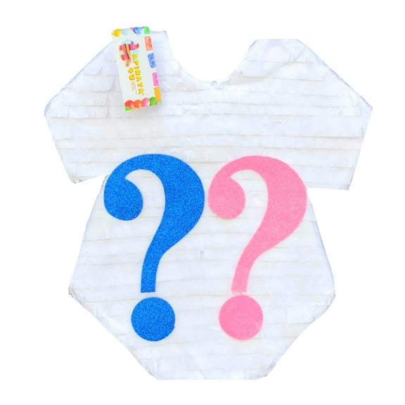 Onesie with Question Mark Gender Reveal Pull-String Pinata, White, Pink, & Blue, 17in x 17in
