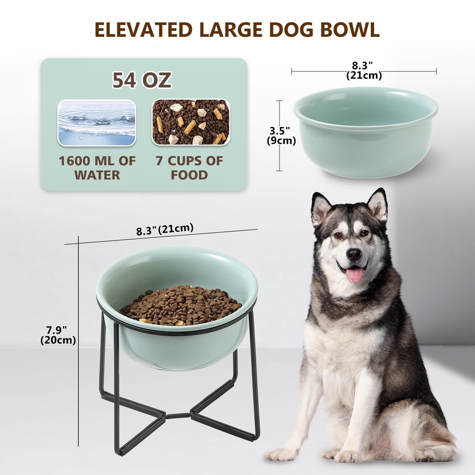 Elevated Large Dog Food Bowls - Raised Dog Bowl with Non Slip Stand - Heavy Weighted Ceramic Dog Feeding Bowl - Extra Wide Deep Dog Water Bowl - Pet Dishes for Medium to Big Dogs - 54 oz - 7 cups