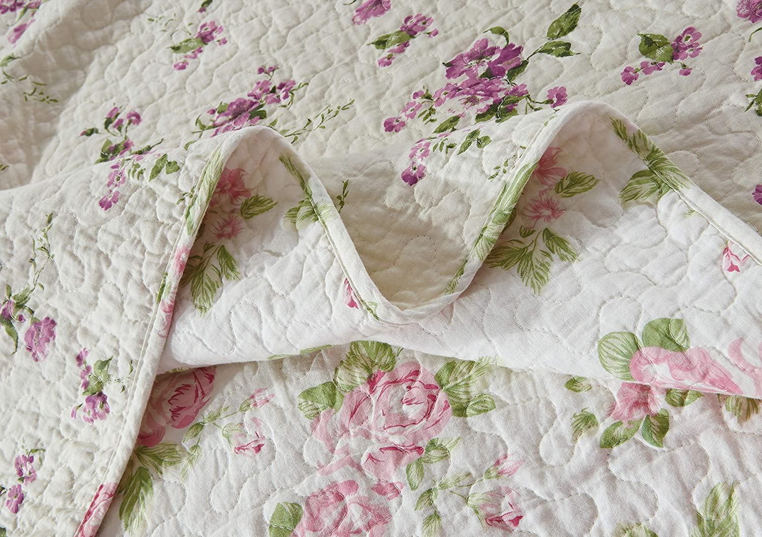 Chezmoi Collection Dakota 3-Piece Printed Pink Rose Cotton Quilt Set, Pink Floral Flower Reversible Stone Washed Lightweight Bedspread, Queen Size