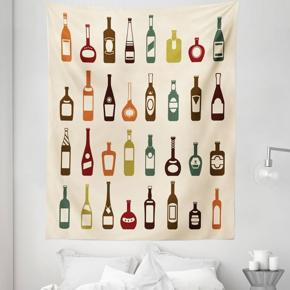 Alcohol Tapestry, Bottles of Various Alcoholic Strong Drinks Pattern with Whiskey Brandy and Cognac, Fabric Wall Hanging Decor for Bedroom Living Room Dorm, 5 Sizes, Multicolor, by Ambesonne