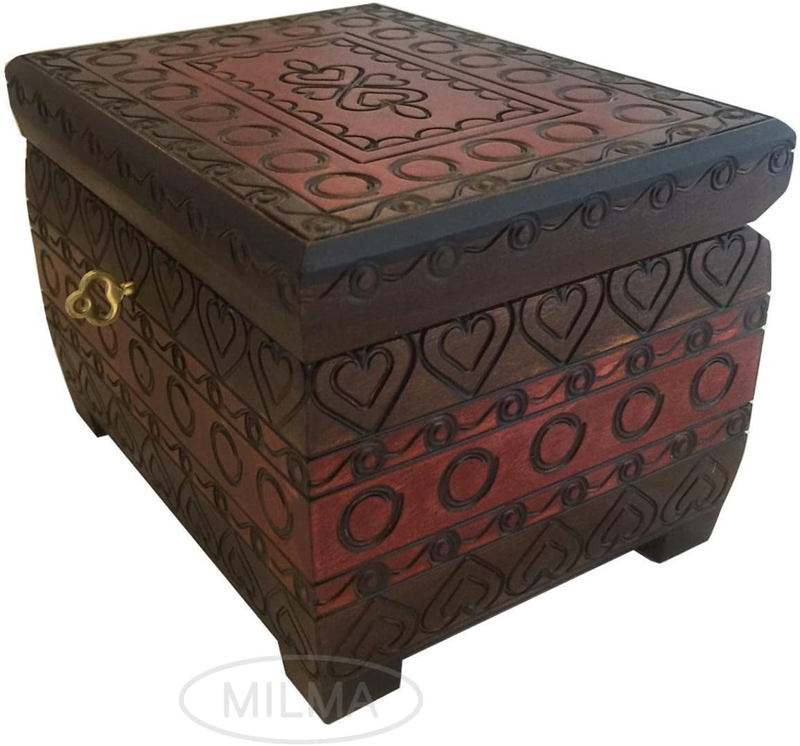 HEARTS Burned Chest Box w/ Lock & Key Handmade Linden Wood Jewelry Heart Keepsake Box from Poland