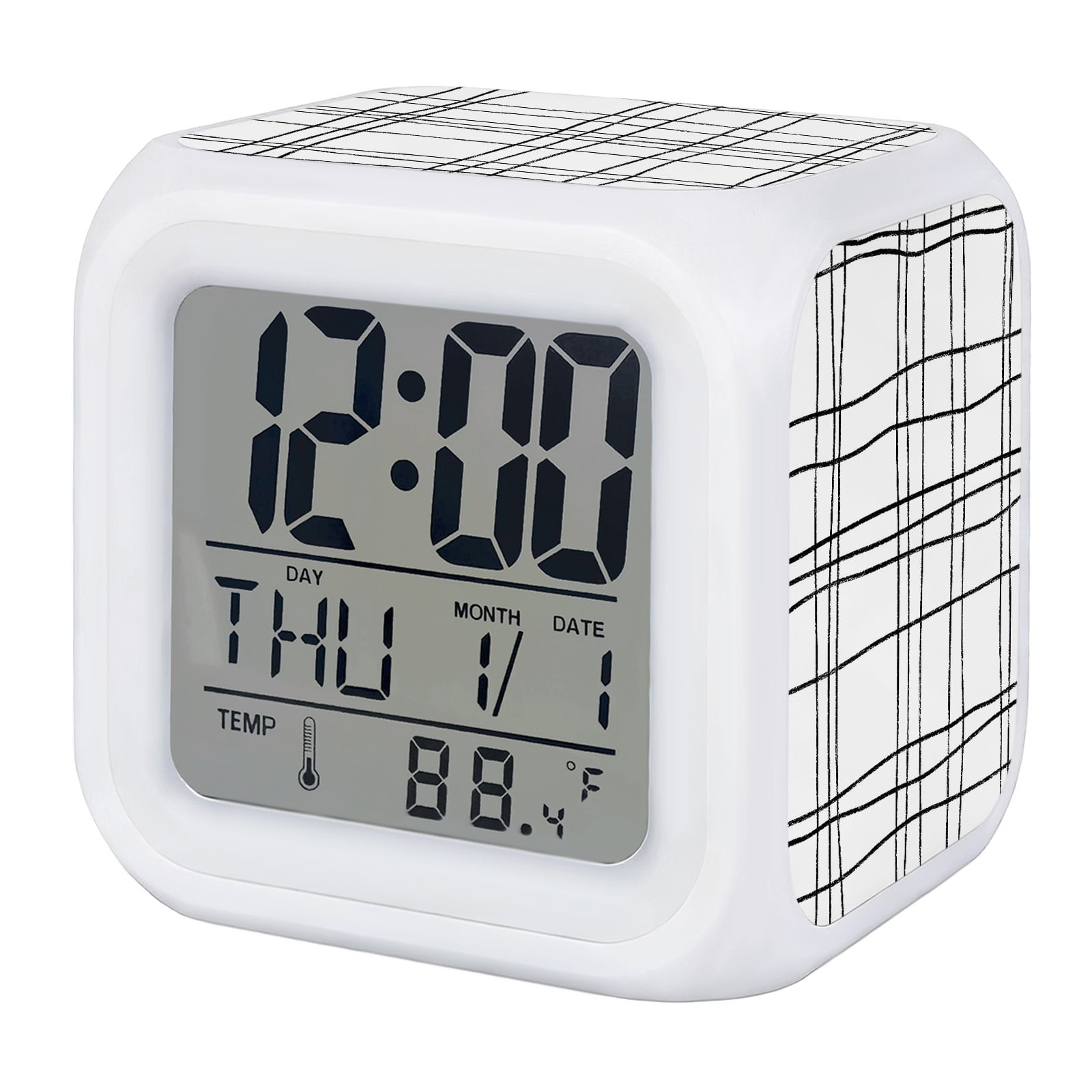 Modern Minimalist Lines Digital Alarm Clock for Bedrooms, Smart LED Alarm Clock with 7 Color Changing Night Light, Black Lines Grid Simple Silent Wake Up Clocks for Sleep Study Cooking 3.2x3.2