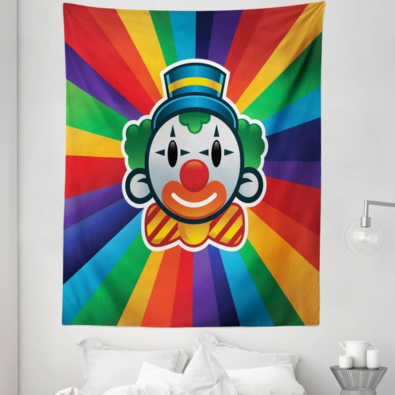 Circus Tapestry, Single Clown Face with Colorful Sunburst Effect Inspired Stripes on the Back, Fabric Wall Hanging Decor for Bedroom Living Room Dorm, 5 Sizes, Multicolor, by Ambesonne