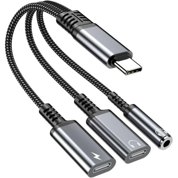 USB C 3-in-1 dual output USB C to 3.5mm headphones and Type-C charger port audio adapter with PD 2.0 fast charging cable for iPhone 15, 16, 17 Pro Max, Galaxy S25, Pixel 9, Pad Pro, Switch 2