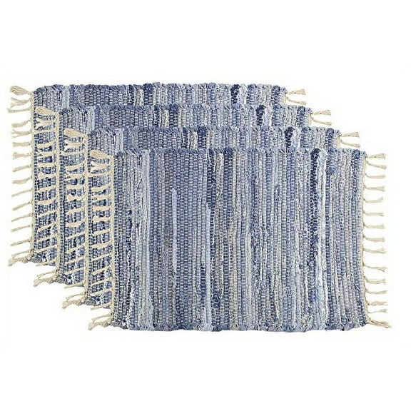 Fennco Styles Gênes Collection Bohemian Chindi 100% Pure Cotton 14 x 20 Inch Placemats, Set of 4 – Denim Blue Woven Table Mats for Everyday Use, Banquets, Wedding, Themed Party and Special Occasion
