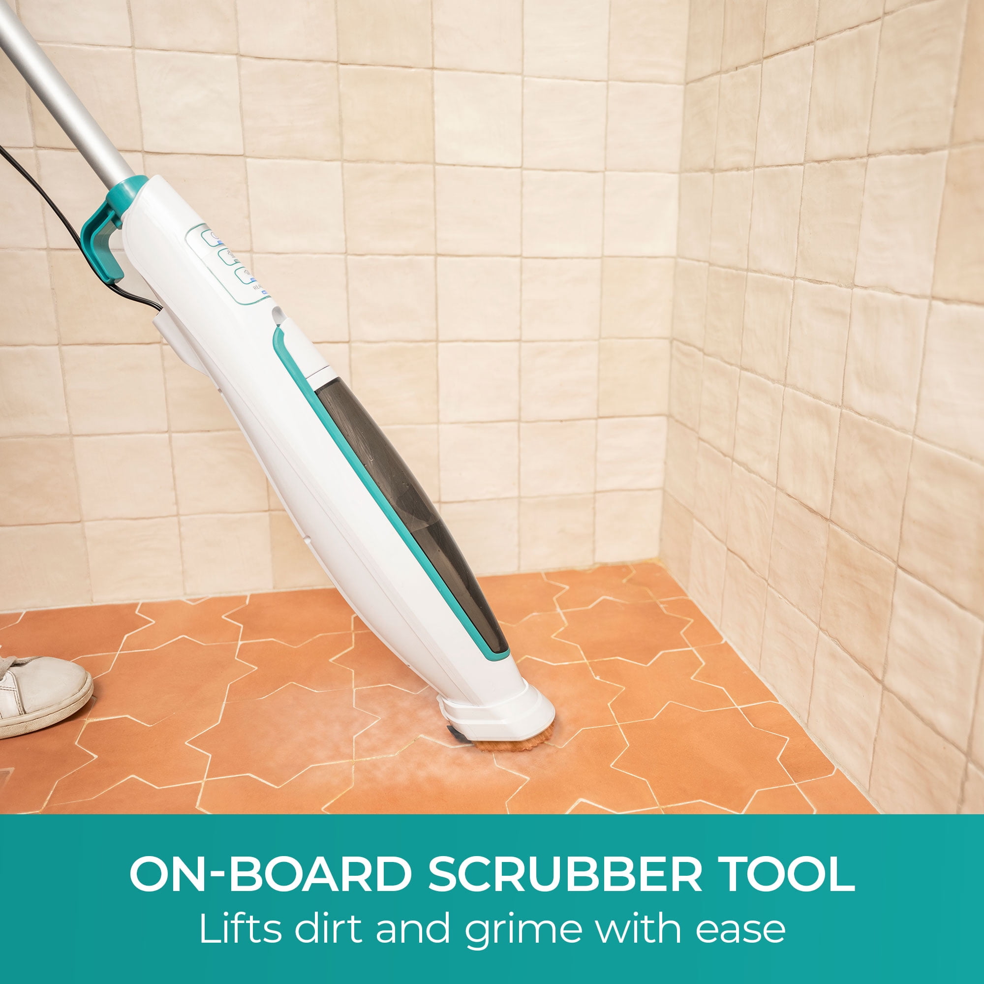 Kenmore S200 Series Steam Mop, Corded, for Hardwoods & Tile, Chemical Free Cleaning, Built-In Scrub Brush, 15 Second Heat Up, SM2060, White with Teal
