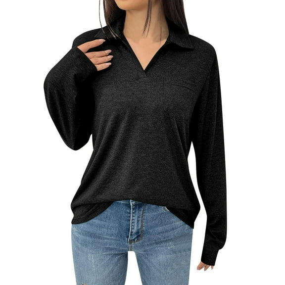 Womens Fall Tops Women's Fashion Solid Color Lapel Long Sleeve With Pocket Loose T-Shirt Top