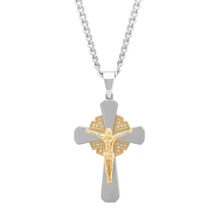 MenÃƒÂ¢ s Stainless Steel Diamond Accent Crucifix Cross with 24ÃƒÂ¢ Curb Chain - Mens Pendant