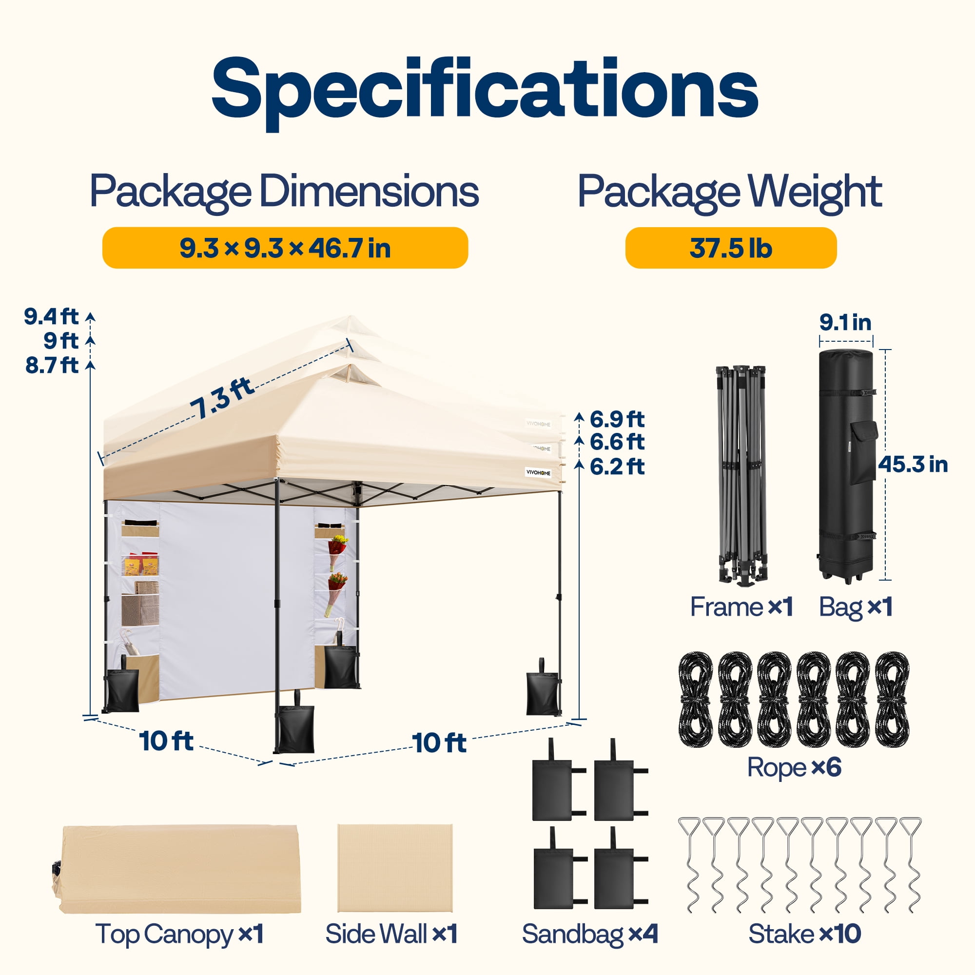 SPECSTAR 10'x10' Pop-up Canopy, One Push Set-up Tent with 1 Sidewall for outside, Beige