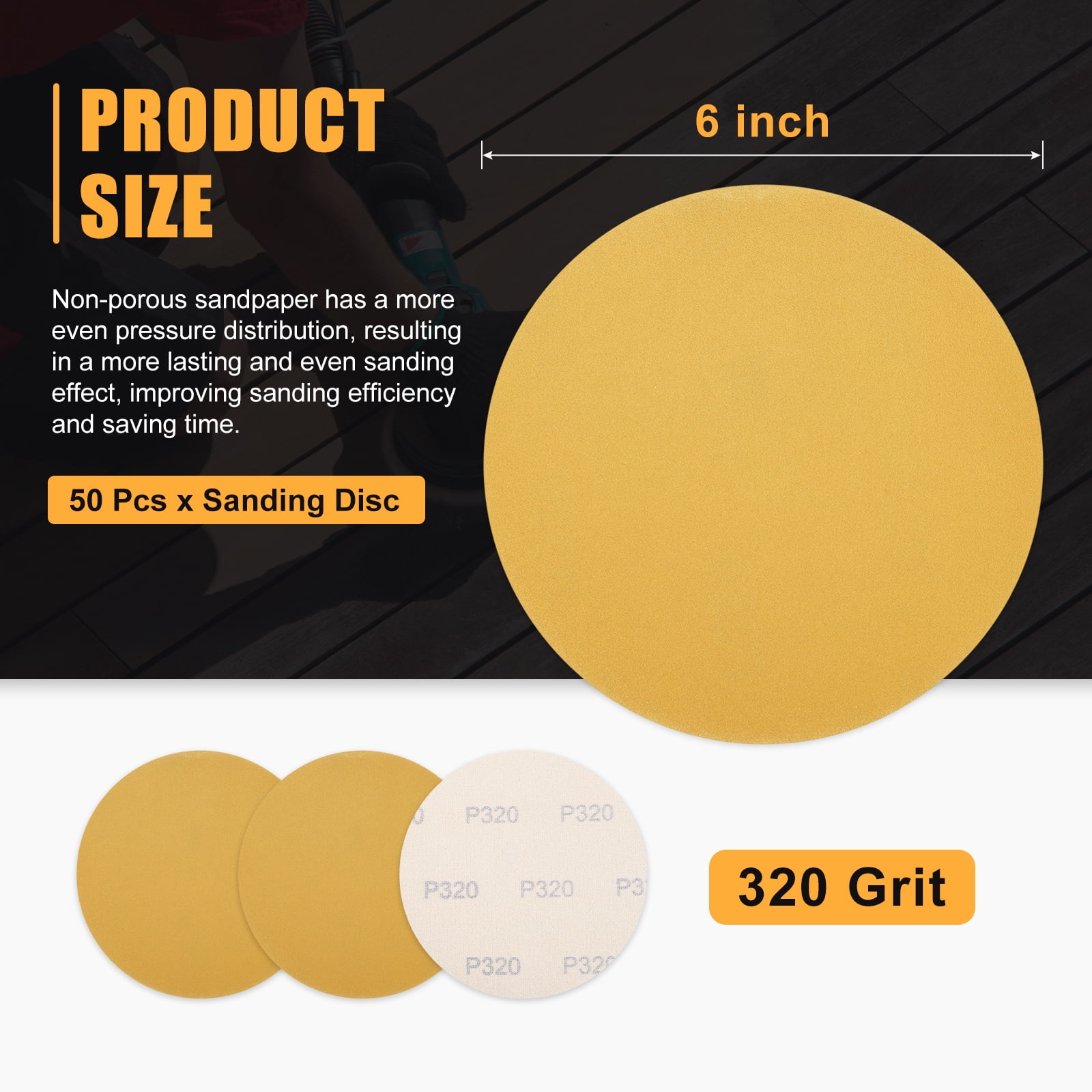 50 Pcs 6 Inch Sanding Disc 320 Grit Round Hook and Loop Sandpaper Fit for Random Orbital Sander or Automotive Car Repairing, Grinding and Polishing, Yellow