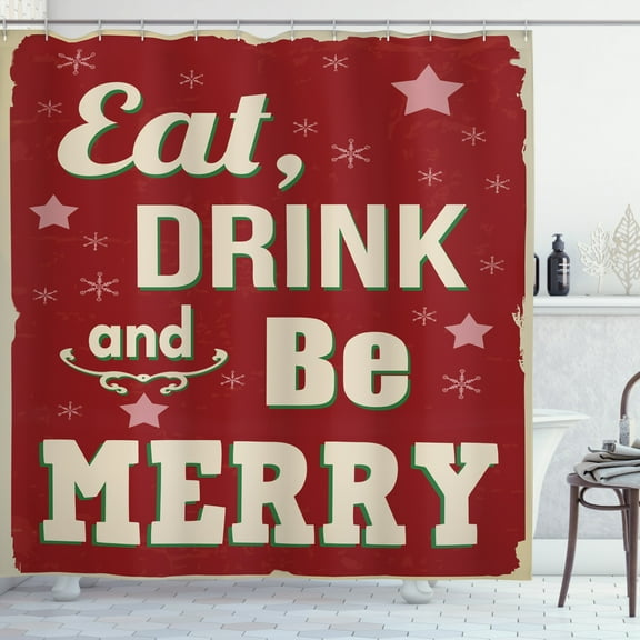 Ambesonne Eat Drink and Be Merry Shower Curtain, Xmas Theme, 69"Wx84"L, Red Beige Green