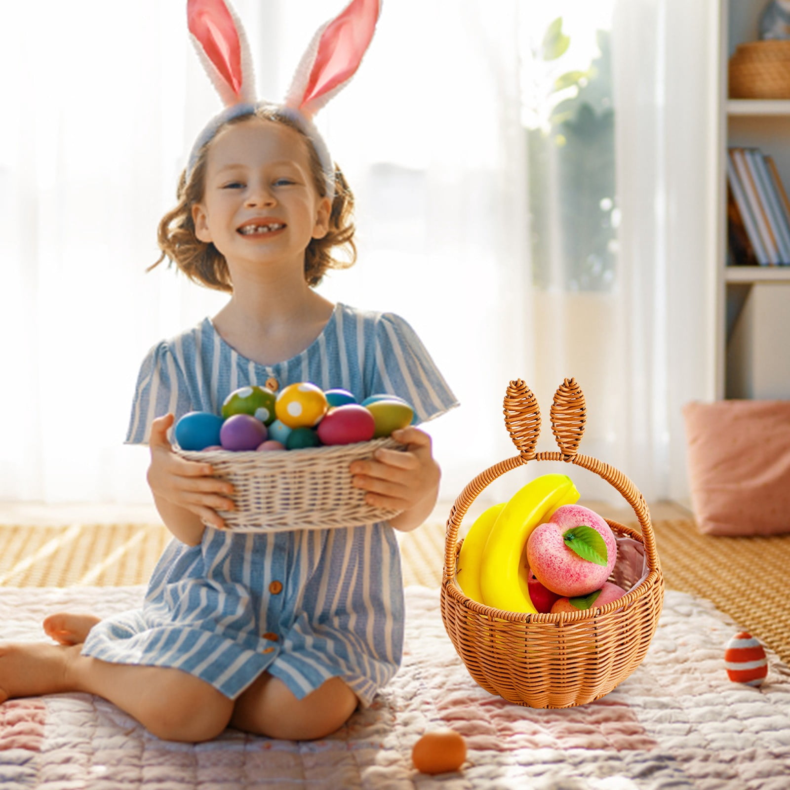 Woven Easter Basket with Handle, Bunny Easter Baskets, Easter Egg Hunt Carrier Baskets, Easter Woven Picnic Basket with Cute Rabbit Ears, Small Gift Wicker Wicker Storage Basket, Party Supplies